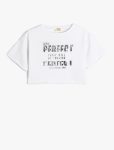 Girls' Crop T-Shirt with Slogan Print Short Sleeve Bicycle Neck Cotton