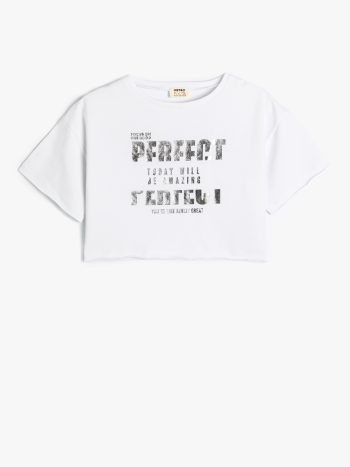 Girls' Crop T-Shirt with Slogan Print Short Sleeve Bicycle Neck Cotton