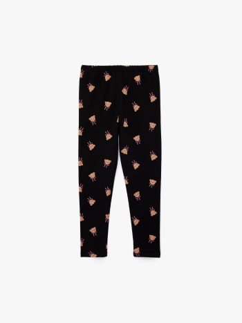 Girls' Elastic Waist Teddy Bear Print Cotton Fleece-Lined Leggings