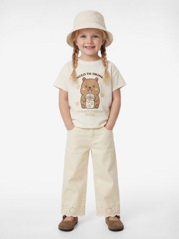 Girl's Cotton Teddy Bear Print Crew Neck Short Sleeve T-Shirt