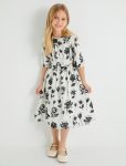 Girl's Linen Dress with Floral Print, Puffed Sleeves, and Round Neck