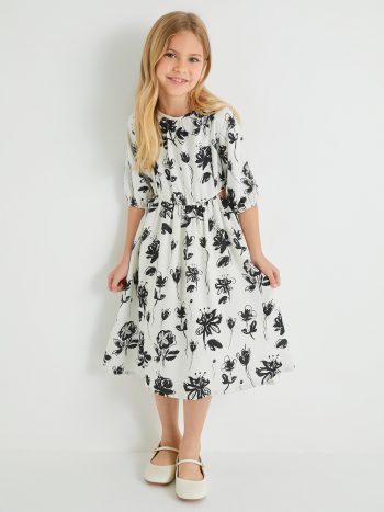 Girl's Linen Dress with Floral Print, Puffed Sleeves, and Round Neck