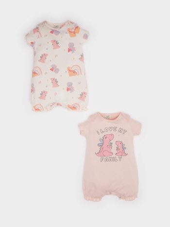 طقم رومبر قصير الأكمام للفتيات حديثي الولادة - 2 قطعة بطبعة الديناصور