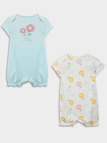 طقم رومبر قطعتين بأكمام قصيرة مزين بالورود لحديثات الولادة