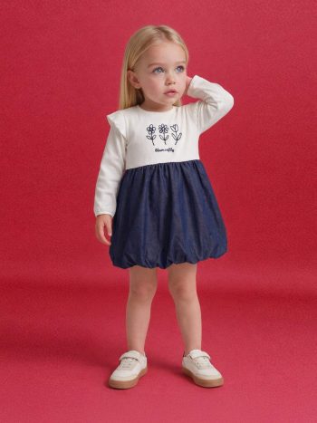 Embroidered Long-Sleeve Ribbed Bodysuit Dress for Baby Girl