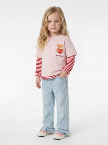 Girl's Cotton Pocketed Flared Hem Wide-Leg Denim Pants