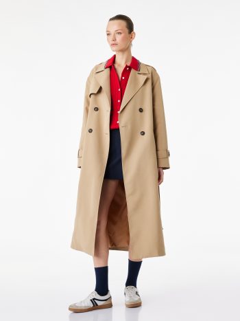 Long Sleeve Buttoned Pocket Belted Cross-Over Gabardine Trench Coat