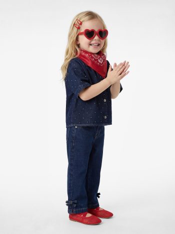 Kız Bebek Pamuklu Cep Detaylı Fiyonklu Geniş Paça Denim Pantolon - Wide Leg Jeans