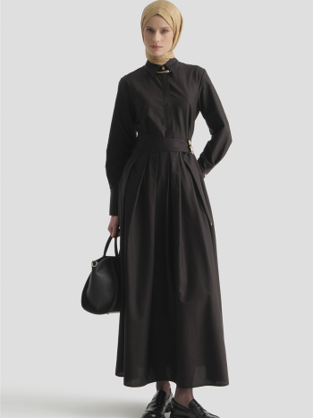 Belt-Detailed Cotton Dress in Black