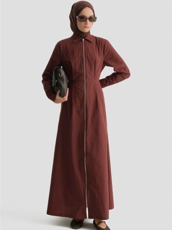 Fermuar Detaylı Fitted Elbise Kahve