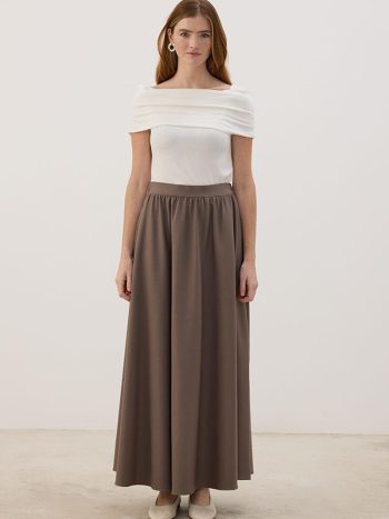 Dark Beige Gabardine Skirt with Back Elastic
