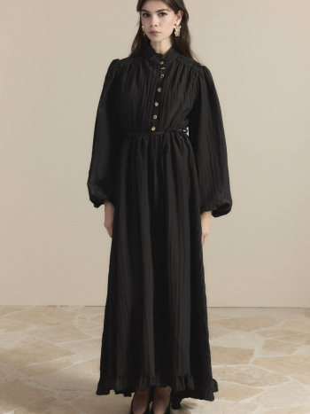 Asymmetric Ruffled Pleated Dress - Black