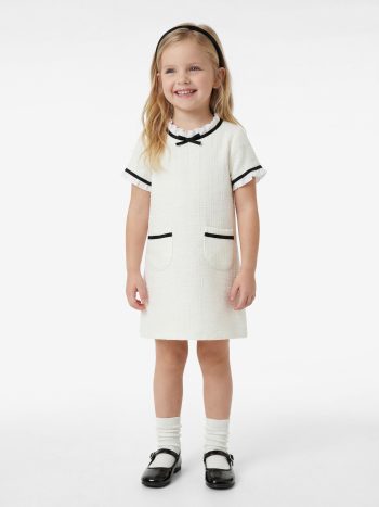 Girl's Short Sleeve A-Line Dress with Scoop Neck, Pockets, and Bow Detail
