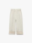 Girl's Viscose and Linen Blend Embroidered Elastic Waist Pants