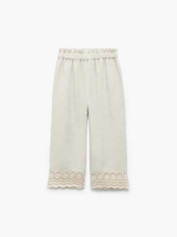 Girl's Viscose and Linen Blend Embroidered Elastic Waist Pants
