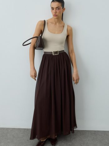 Brown Pleated Flowy Maxi Skirt