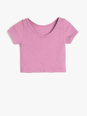 Girl's Crop T-Shirt Deep Round Neck Short Sleeve Ribbed