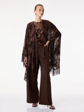 Fringed Long Bat-Sleeve Floral Pattern Transparent Tulle Poncho