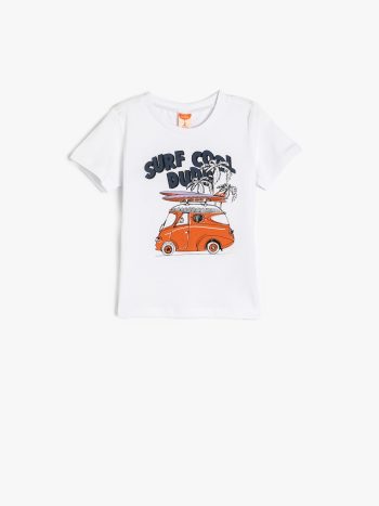 Printed Detail Crew Neck Short Sleeve Cotton T-Shirt