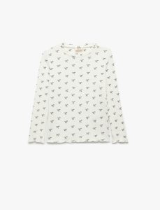 Girls' Cashmere-like Long Sleeve Bicycle Neck Bow Print T-Shirt
