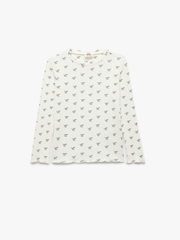 Girls' Cashmere-like Long Sleeve Bicycle Neck Bow Print T-Shirt