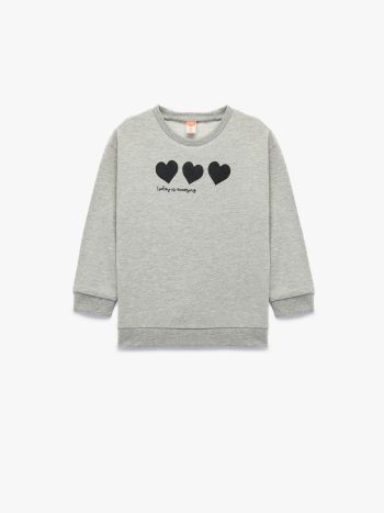 Kız Bebek Kalp Baskılı Uzun Kollu Bisiklet Yaka Pamuklu Şardonlu Sweatshirt