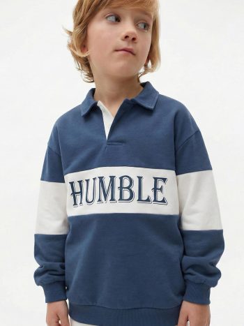 Polo Collar Printed Sweatshirt 4-12 Years Navy Blue