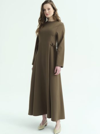 D Buckle Detailed Long Khaki Dress