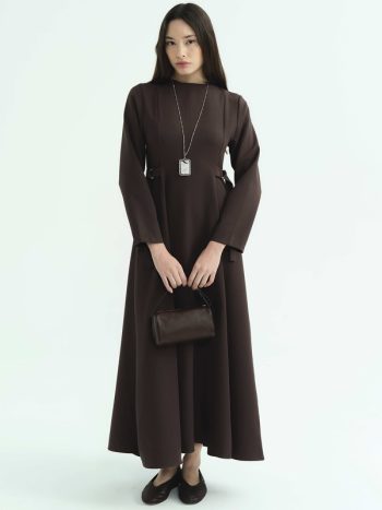 D Buckle Detailed Long Coffee Dress