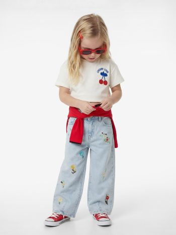 Girl's Embroidered Cotton Balloon Fit Denim Pants