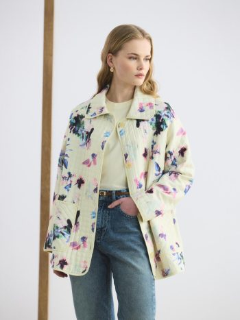 Patterned Classic Collar Thin Quilted Jacket Yellow