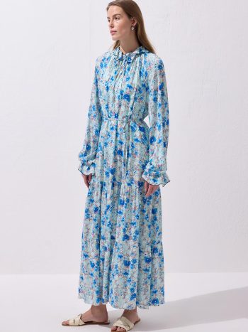 Diane Viscose Ruffled Long Dress Blue