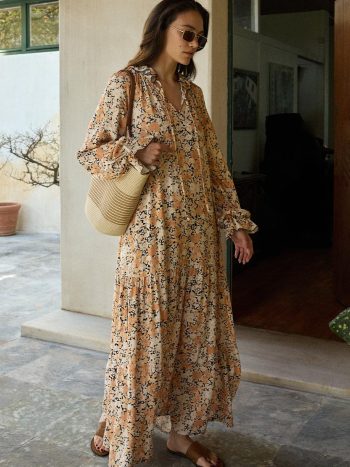 Diane Viscose Ruffled Long Dress Soft Orange