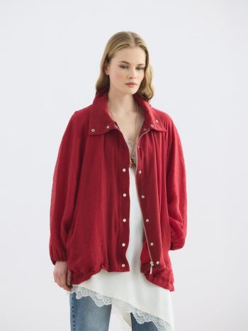 Red Stand Collar Pleated Bomber Jacket