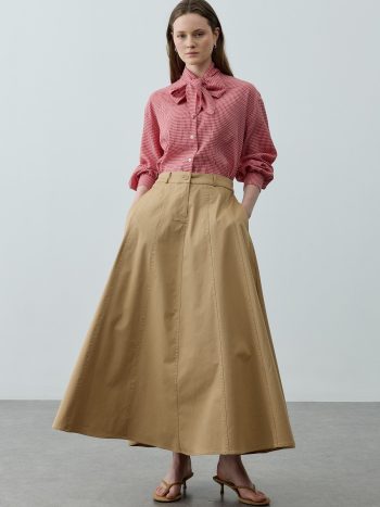 Camel Gabardine Skirt with Stitching Detail