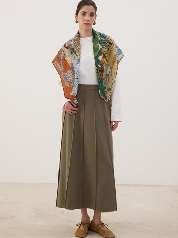Pleated Gabardine Skirt in Khaki
