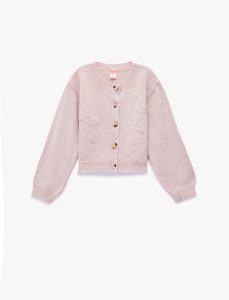 Kız Bebek Uzun Kollu Bisiklet Yaka Çiçek Nakış Detaylı Triko Hırka