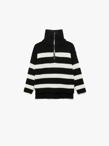 Girls' Half-Zip Fisherman Collar Long Sleeve Striped Knit Sweater