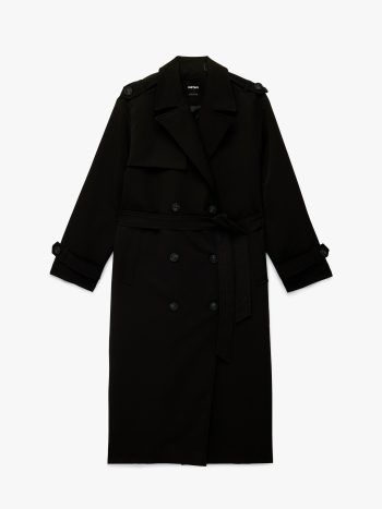 Long Sleeve Buttoned Pocket Belted Wrap Gabardine Trench Coat