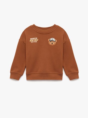Erkek Bebek Uzun Kollu Bisiklet Yaka Ayıcık Baskılı Sweatshirt