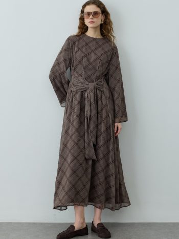 Plaid Tie-Front Dress in Gray