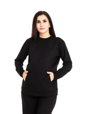 Anne Clothing Maternity Hooded Sweatshirt with Nursing Feature, Black Interlock Fabric, Round Neck, Long Sleeve