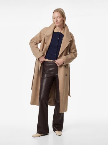 Long Sleeve Pocketed Double-Breasted Collared Belted Long Cashmere Coat