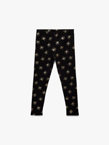 Girls' Ribbed Slim Fit Bow-Print Cotton Leggings