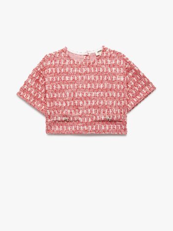 Girls' Short Sleeve Polo Neck Textured Blouse