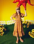 Girls' Floral Balloon Sleeve Cotton Square Neck Lined Dress