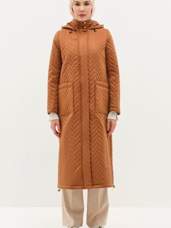 Zipper-Slit Quilted Coat - Beige