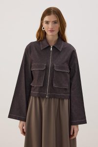 Zip-Up Denim Jacket in Bitter Brown