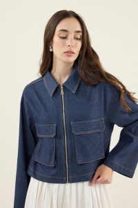 Zippered Denim Jacket with Camel Stitching