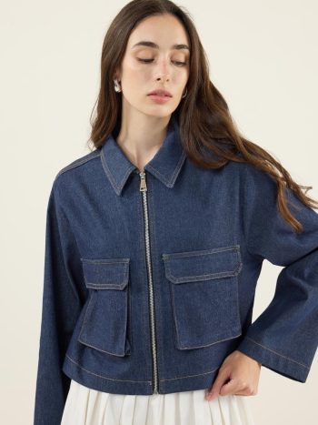 Zippered Denim Jacket with Camel Stitching